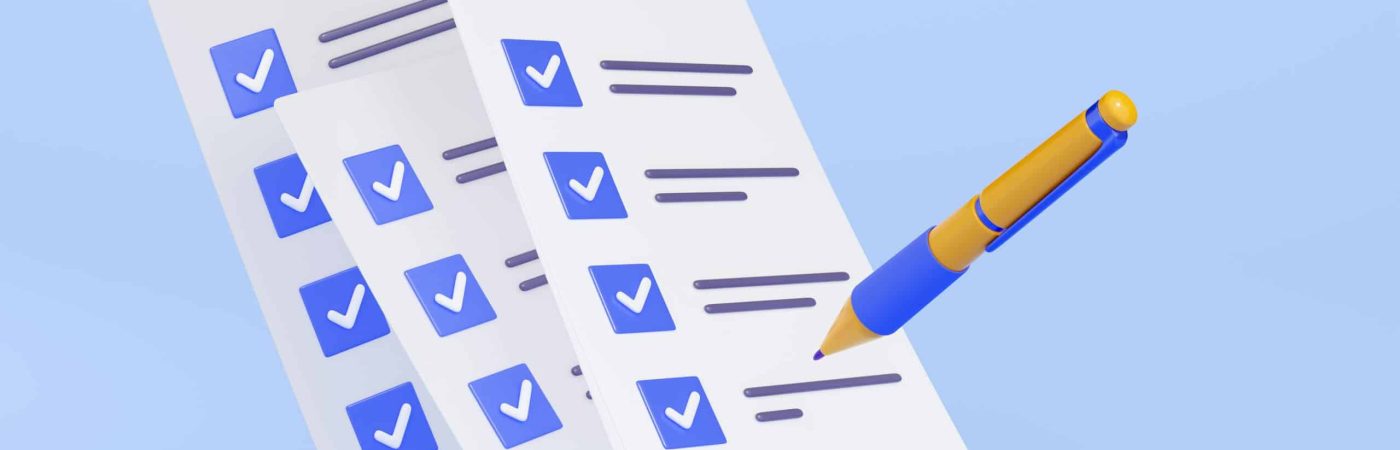 3D illustration of pen putting blue ticks on checklist papers. Election voting, successful fulfillment of business tasks, action plan for effective time management, quality control assessment form