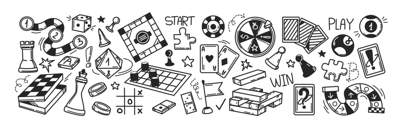 Board games doodles set. Hand drawn vector illustration sketch icons of cards, dice and pawns. Checkers, roulette, poker, domino, lotto, billiards and other gambling symbols. Family leisure concept